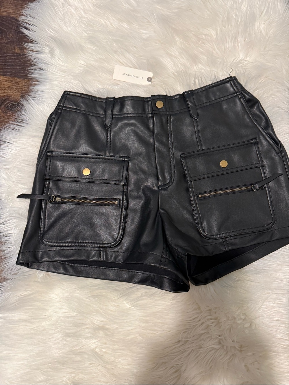Anthropologie Black Faux Leather Cargo Shorts with Zip Pockets